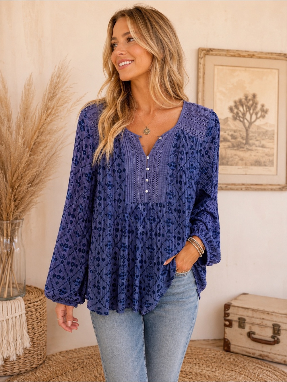 Lucky Brand Boho Chic Blue Textured Peasant Tunic
